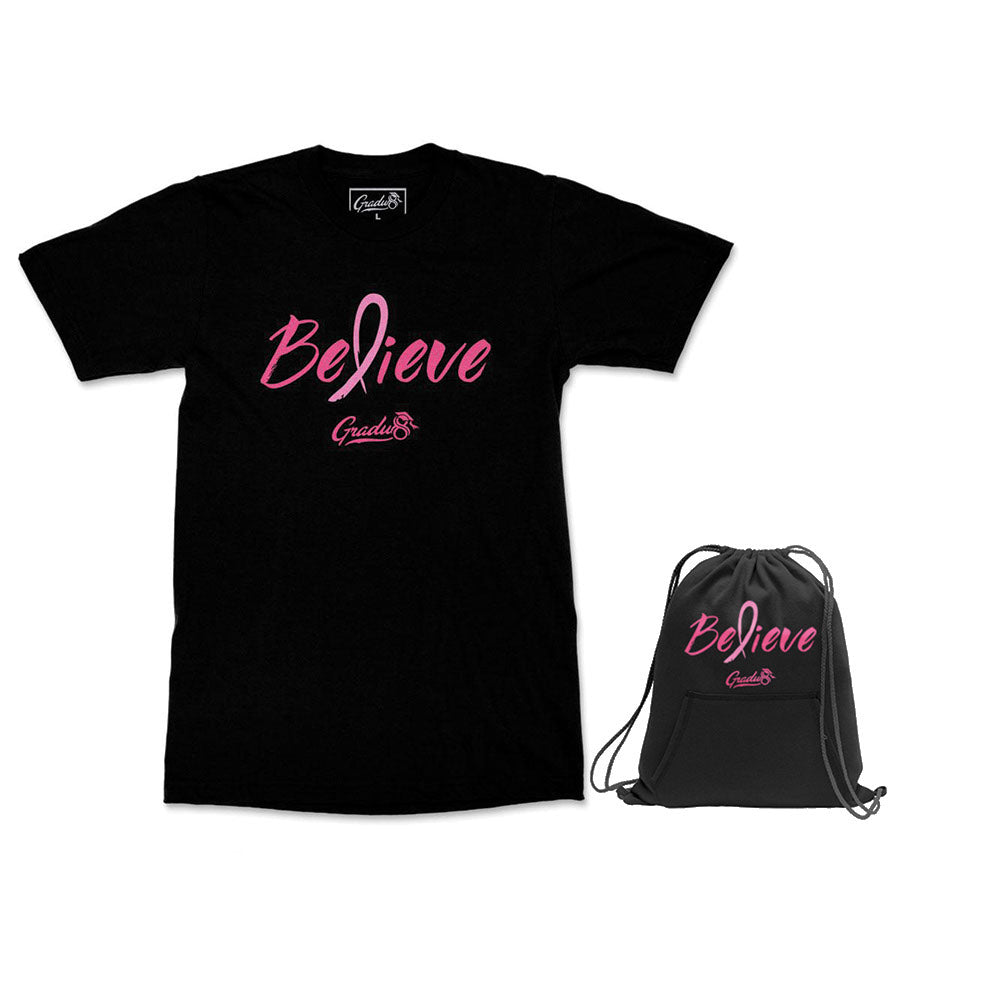 Believe: Men's Breast Cancer Awareness Limited Edition Set, Black T-shirt & Core Fleece Bag