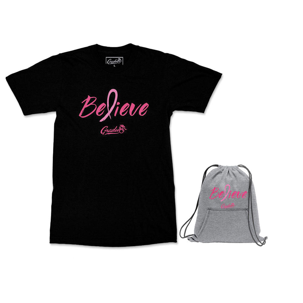 Believe: Men's Breast Cancer Awareness Limited Edition Set, Black T-shirt & Core Fleece Bag