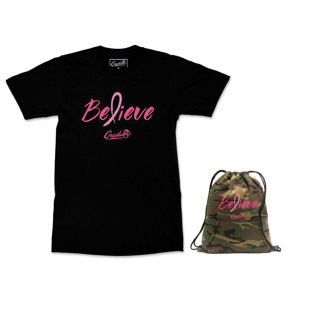 Believe: Men's Breast Cancer Awareness Limited Edition Set, Black T-shirt & Core Fleece Bag