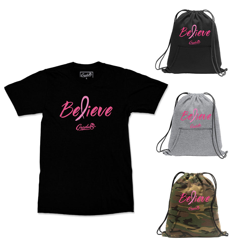 Believe: Men's Breast Cancer Awareness Limited Edition Set, Black T-shirt & Core Fleece Bag